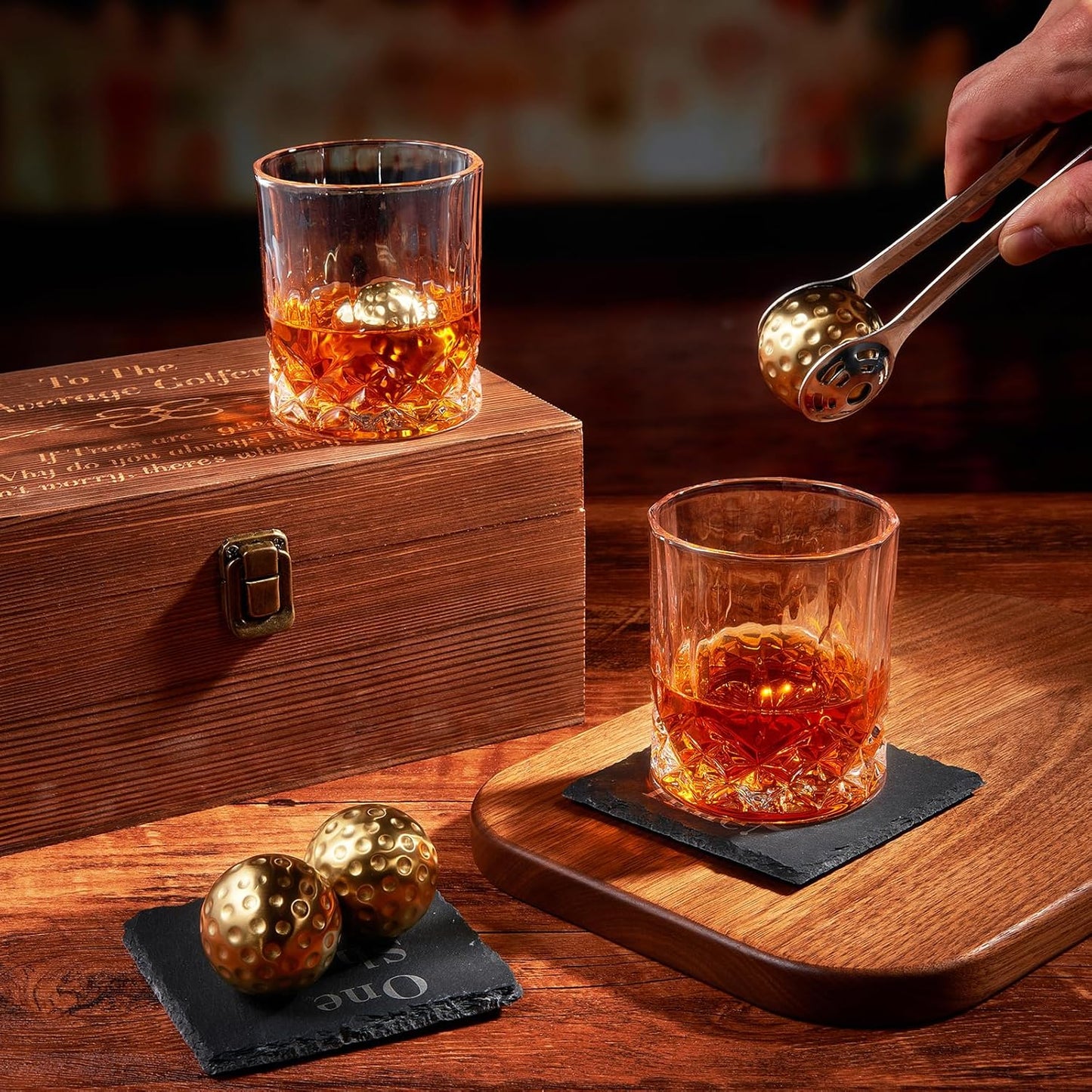 Funny Golf Gift for Men - for Him | Husband | Friend - Engraved Whiskey Glass Set, Golf Ball Whiskey Chillers & Glasses with Wood Gift Box Birthdays, Bachelor Parties Anniversaries Gifts