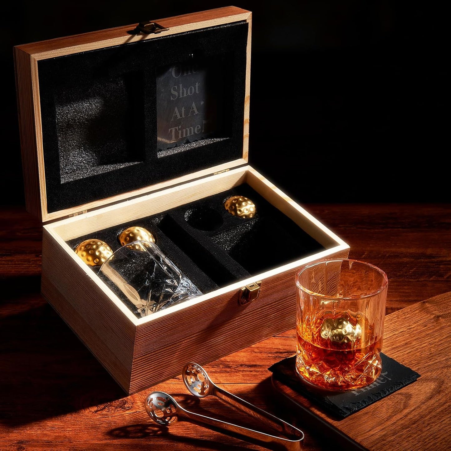Funny Golf Gift for Men - for Him | Husband | Friend - Engraved Whiskey Glass Set, Golf Ball Whiskey Chillers & Glasses with Wood Gift Box Birthdays, Bachelor Parties Anniversaries Gifts