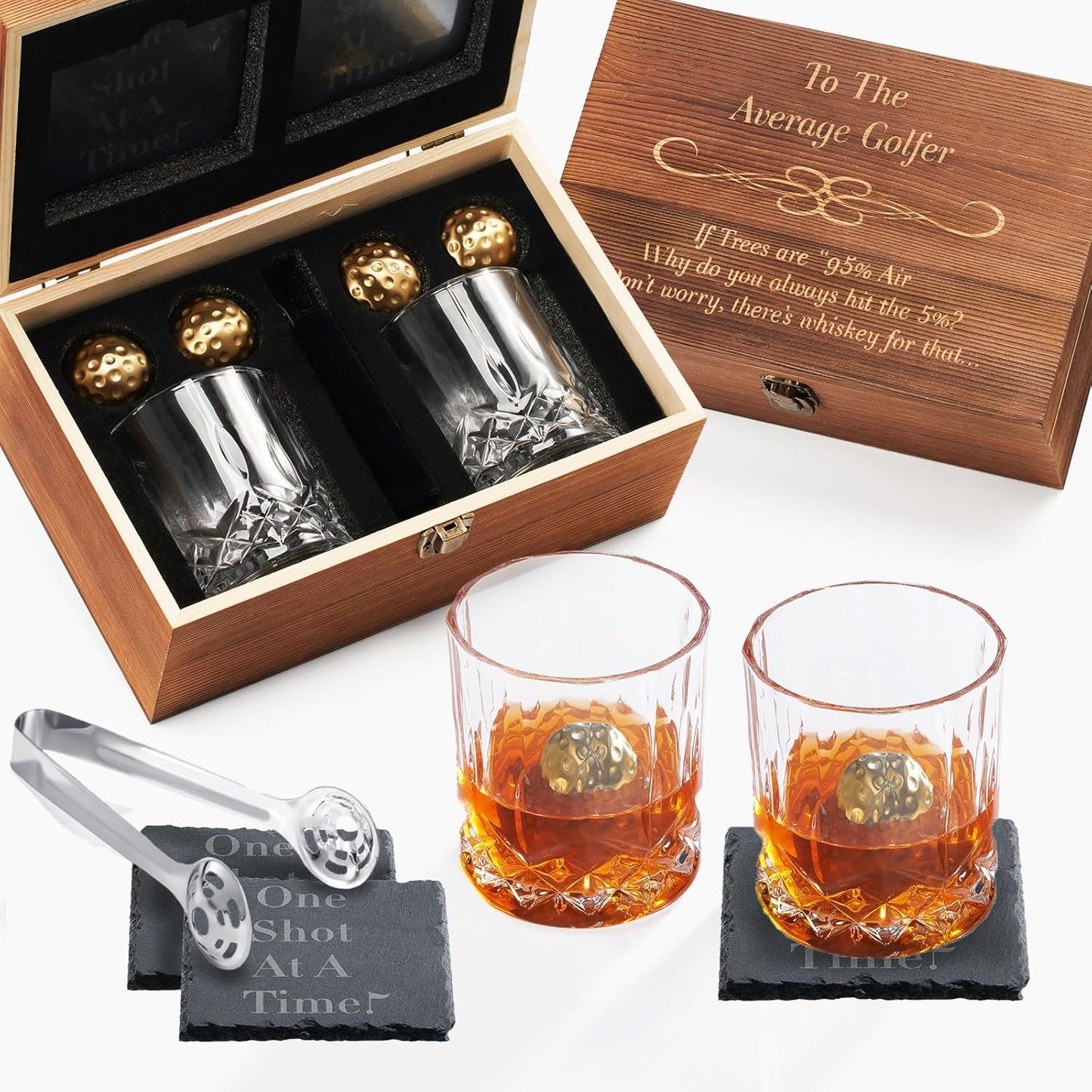 Funny Golf Gift for Men - for Him | Husband | Friend - Engraved Whiskey Glass Set, Golf Ball Whiskey Chillers & Glasses with Wood Gift Box Birthdays, Bachelor Parties Anniversaries Gifts