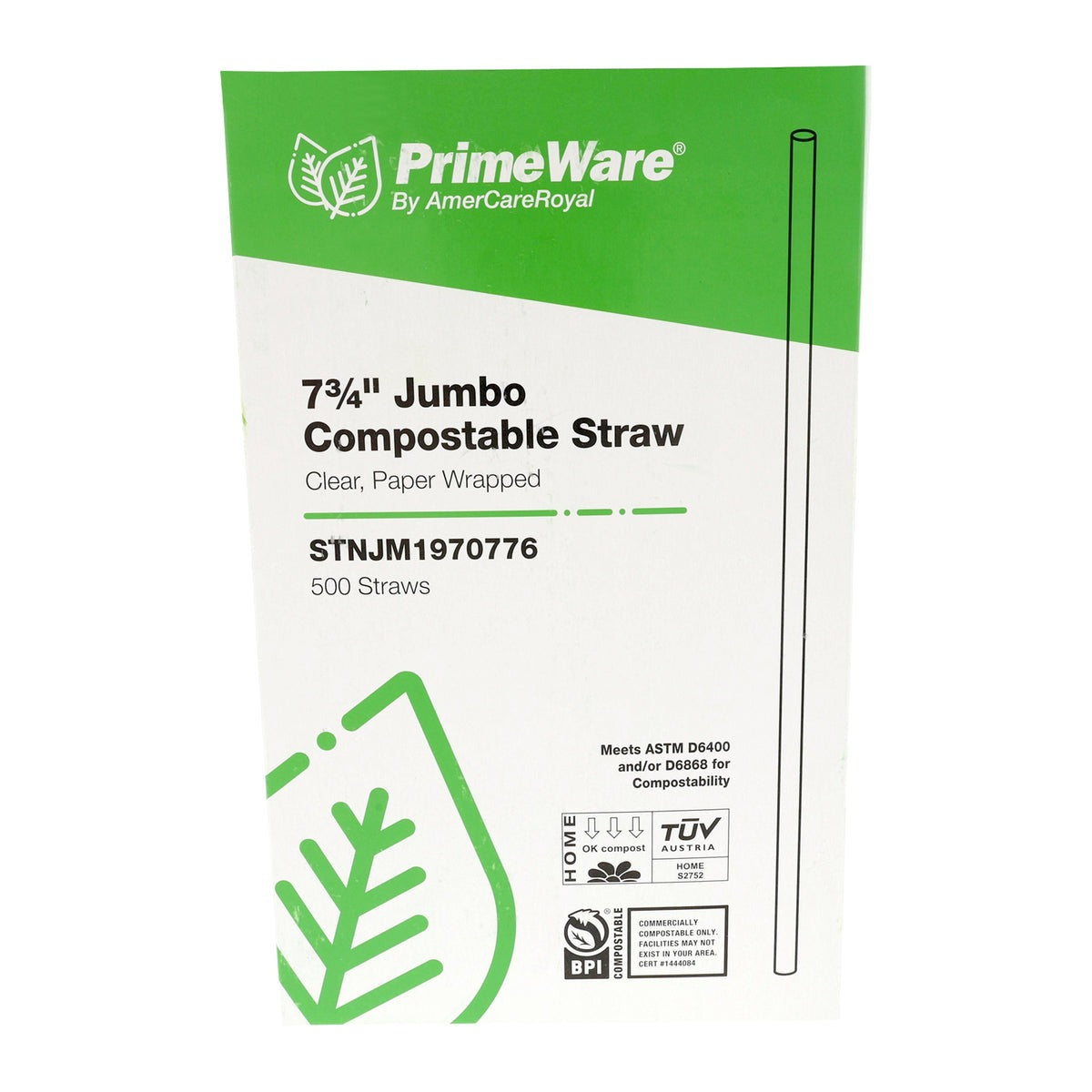 AmerCare 7.75", Jumbo Clear Paper Wrapped Compostable Cellulosic Straw, 24/500/Case