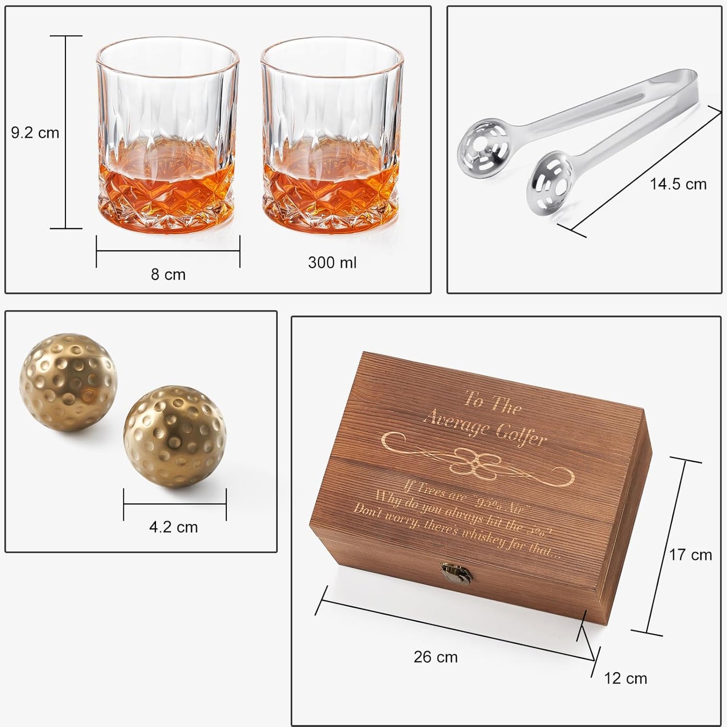 Funny Golf Gift for Men - for Him | Husband | Friend - Engraved Whiskey Glass Set, Golf Ball Whiskey Chillers & Glasses with Wood Gift Box Birthdays, Bachelor Parties Anniversaries Gifts