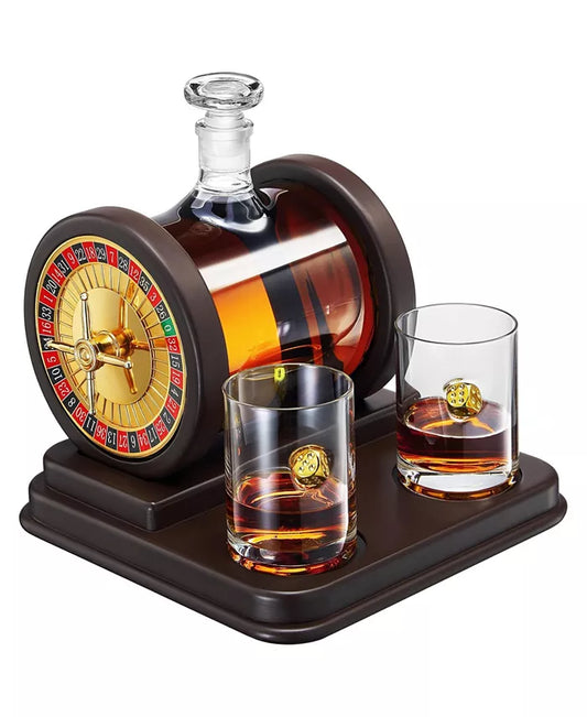 Casino Roulette Whiskey Decanter with Dice Whiskey Glasses, Set of 3