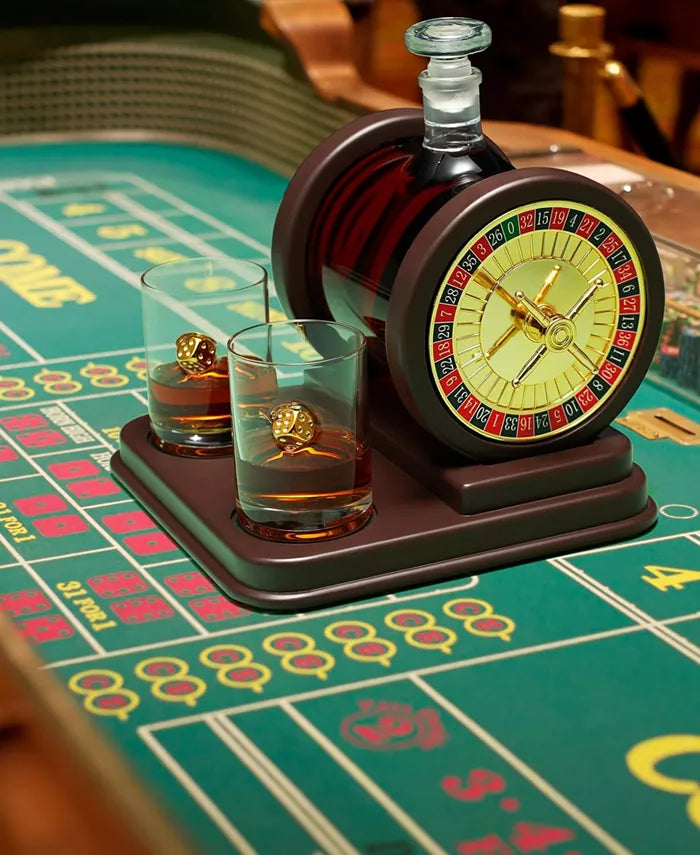 Casino Roulette Whiskey Decanter with Dice Whiskey Glasses, Set of 3