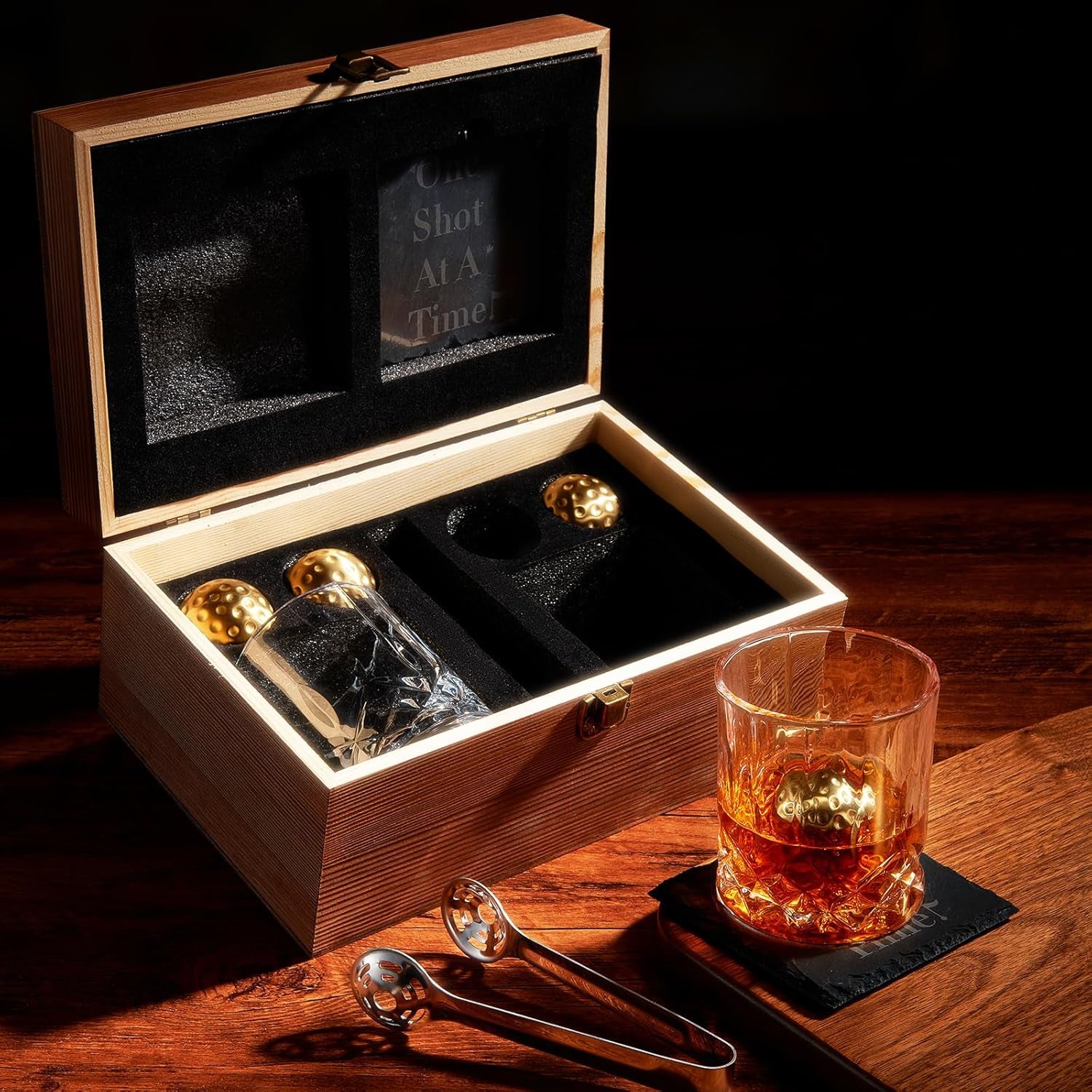 Funny Golf Gift for Men - for Him | Husband | Friend - Engraved Whiskey Glass Set, Golf Ball Whiskey Chillers & Glasses with Wood Gift Box Birthdays, Bachelor Parties Anniversaries Gifts