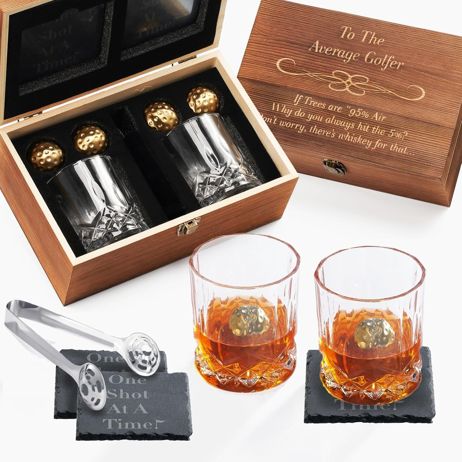 Funny Golf Gift for Men - for Him | Husband | Friend - Engraved Whiskey Glass Set, Golf Ball Whiskey Chillers & Glasses with Wood Gift Box Birthdays, Bachelor Parties Anniversaries Gifts