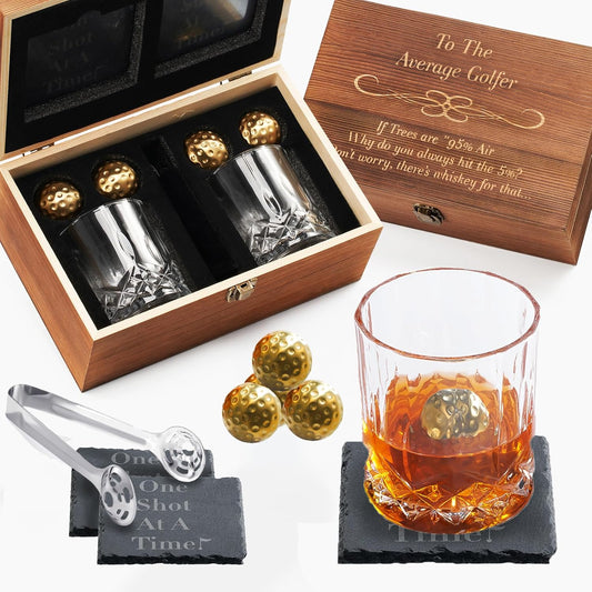 Funny Golf Gift for Men - for Him | Husband | Friend - Engraved Whiskey Glass Set, Golf Ball Whiskey Chillers & Glasses with Wood Gift Box Birthdays, Bachelor Parties Anniversaries Gifts